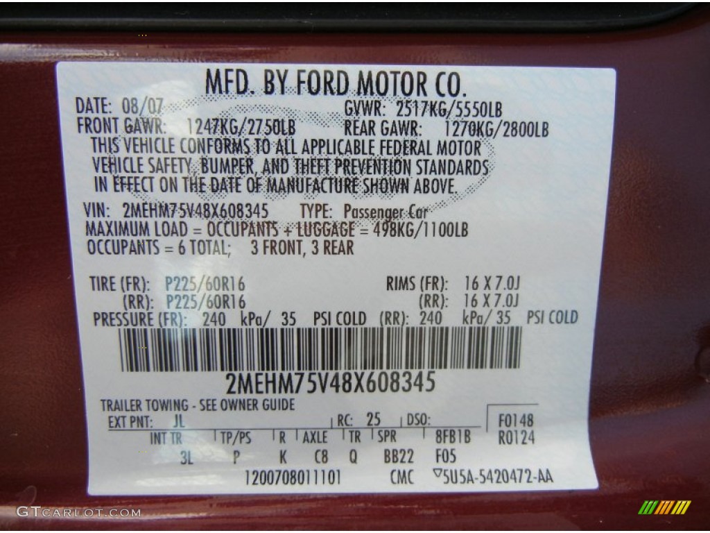 2008 Grand Marquis Color Code JL for Dark Toreador Red Metallic Photo #56124369