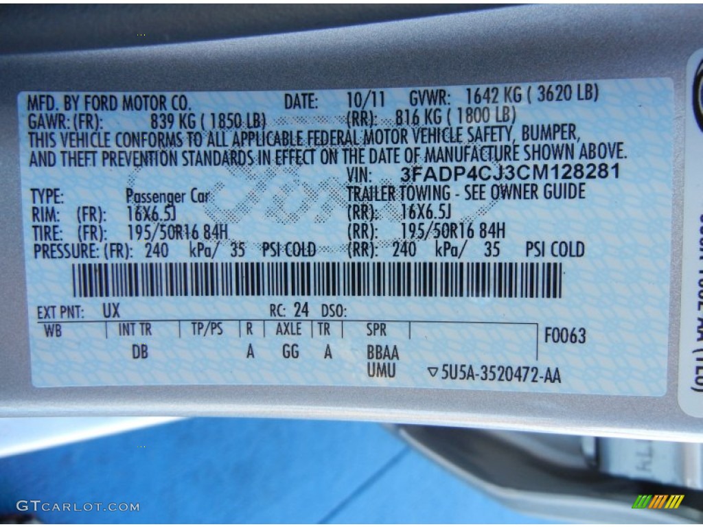 2012 Fiesta Color Code UX for Ingot Silver Metallic Photo #56125780