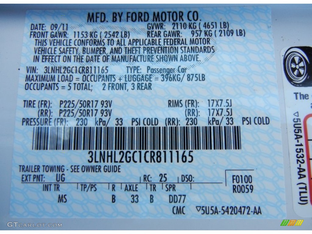 2012 MKZ Color Code UG for White Platinum Metallic Tri-Coat Photo #56127092