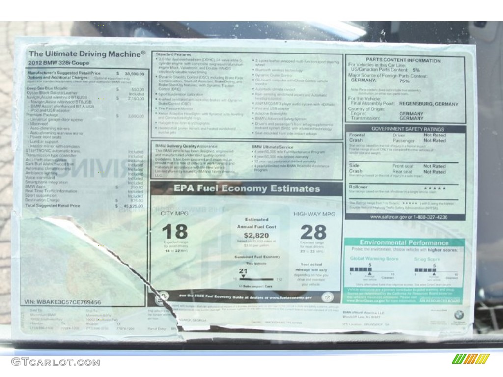 2012 BMW 3 Series 328i Coupe Window Sticker Photo #56128910