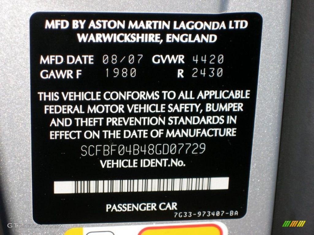 2008 Aston Martin V8 Vantage Roadster Info Tag Photo #56129390