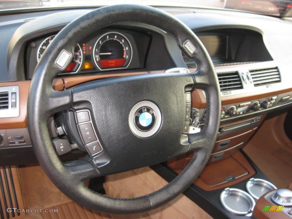 2004 BMW 7 Series 745i Sedan Black/Natural Brown Steering Wheel Photo #56135529