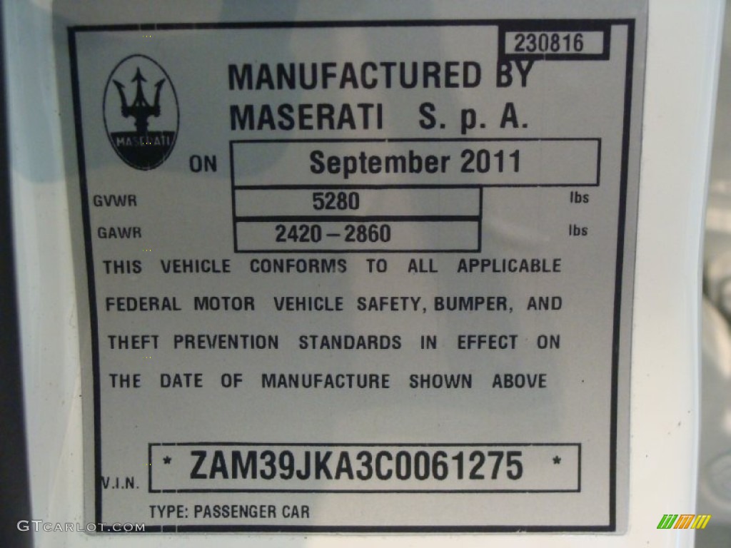 2012 Maserati Quattroporte S Info Tag Photo #56137097
