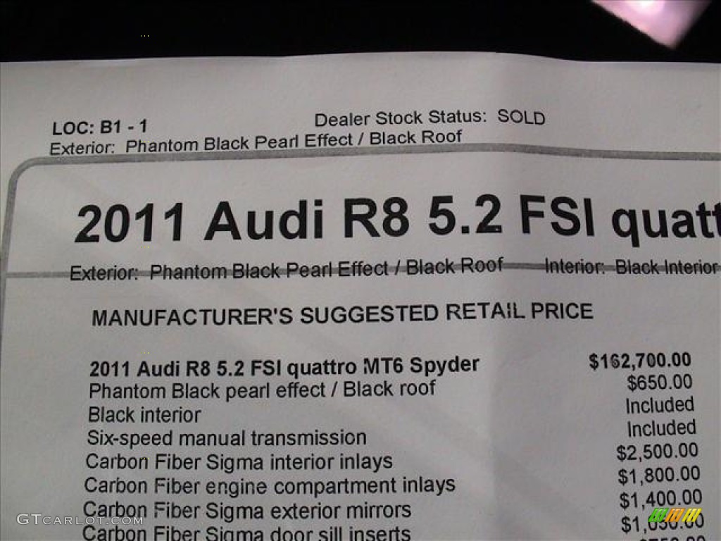 2011 Audi R8 Spyder 5.2 FSI quattro Window Sticker Photo #56139545