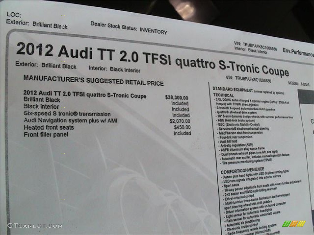 2012 Audi TT 2.0T quattro Coupe Window Sticker Photo #56141630
