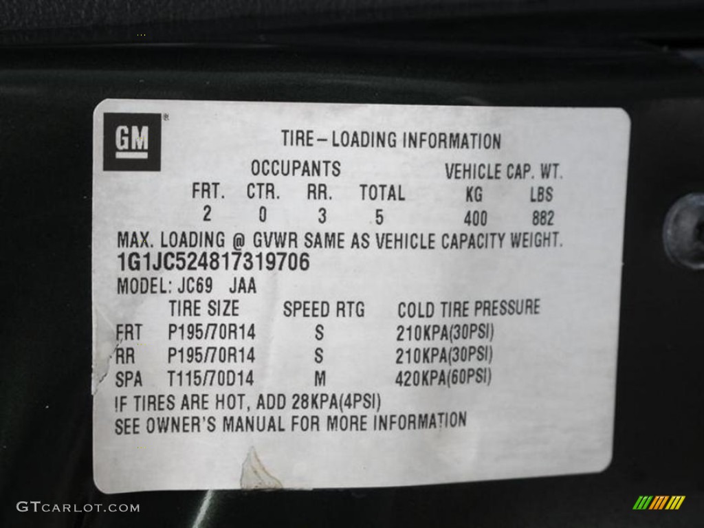 2001 Chevrolet Cavalier Sedan Info Tag Photos