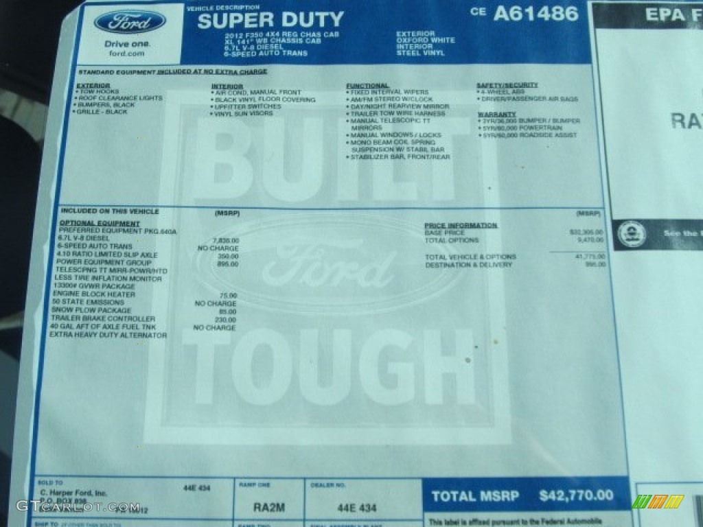 2012 Ford F350 Super Duty XL Regular Cab 4x4 Chassis Window Sticker Photo #56145653