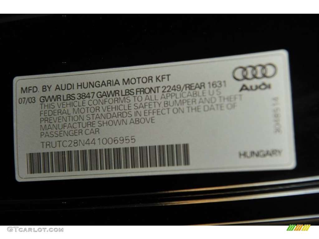 2004 Audi TT 1.8T Roadster Info Tag Photos