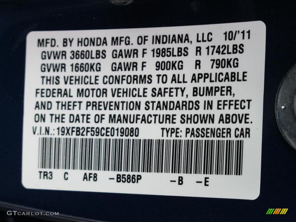 2012 Civic Color Code B586P for Dyno Blue Pearl Photo #56164967