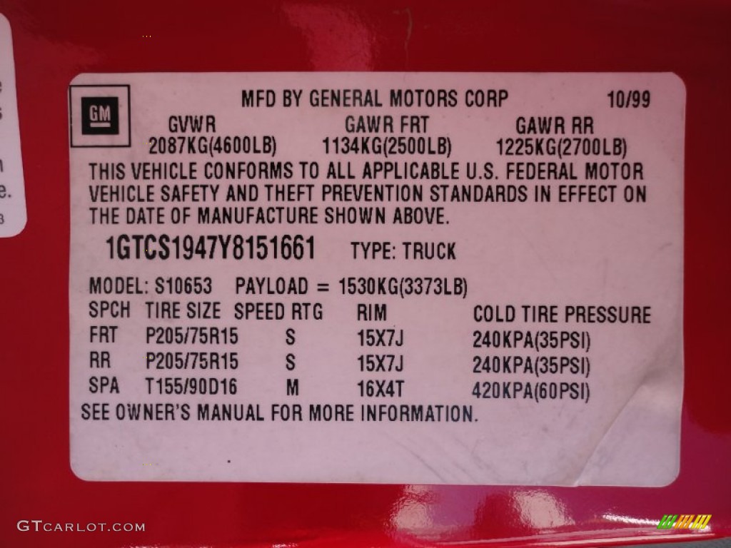 2000 GMC Sonoma SLS Sport Extended Cab Info Tag Photos