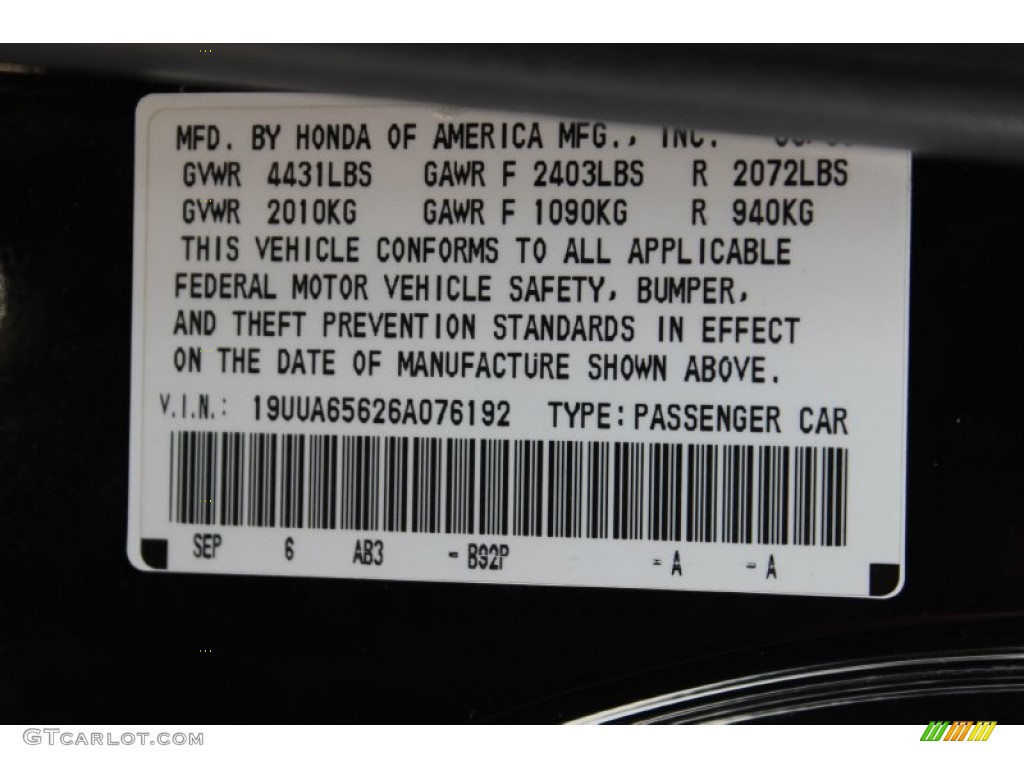 2006 TL Color Code B92P for Nighthawk Black Pearl Photo #56184860