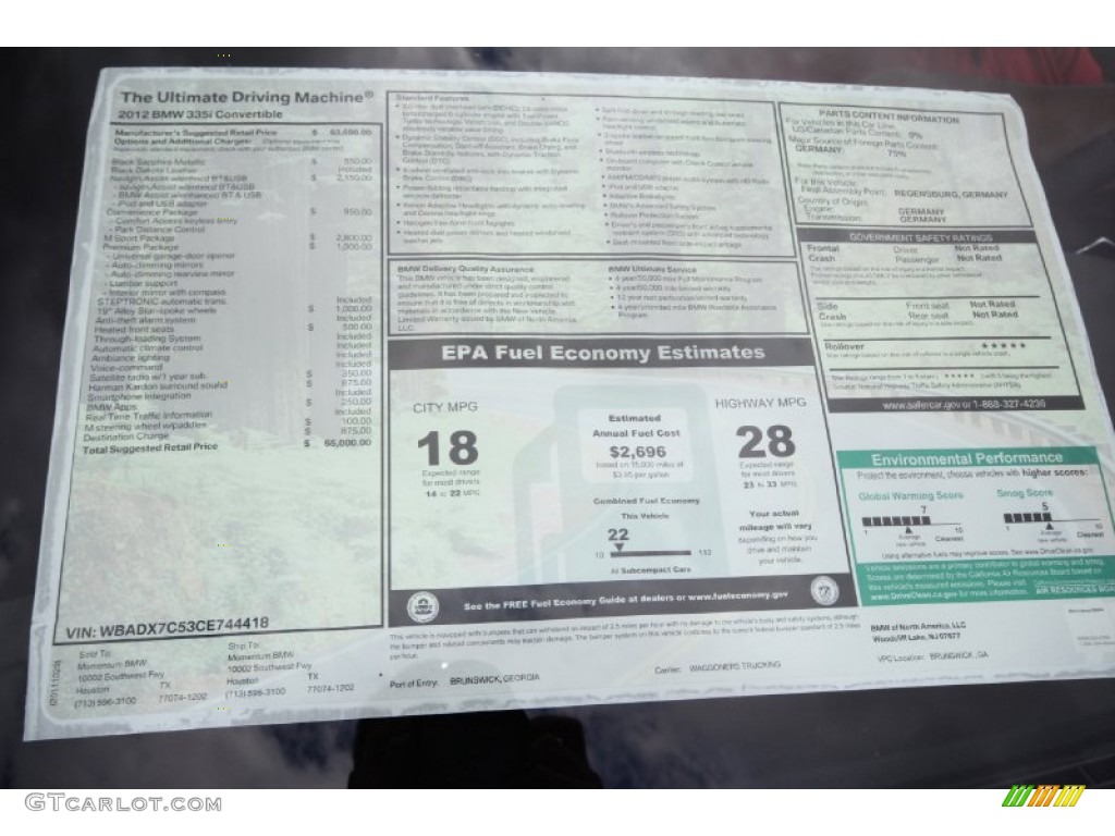 2012 BMW 3 Series 335i Convertible Window Sticker Photo #56195598