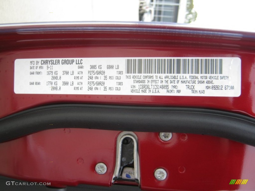 2012 Ram 1500 Color Code PRP for Deep Cherry Red Crystal Pearl Photo #56199227