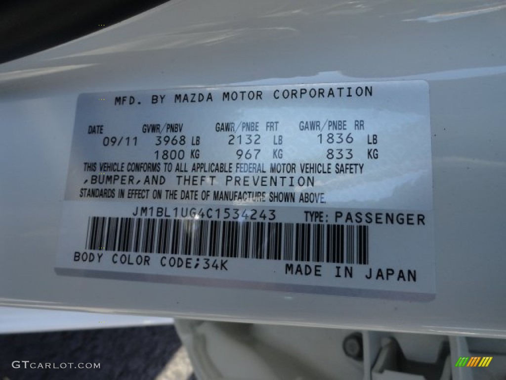 2012 MAZDA3 Color Code 34K for Crystal White Pearl Mica Photo #56199923