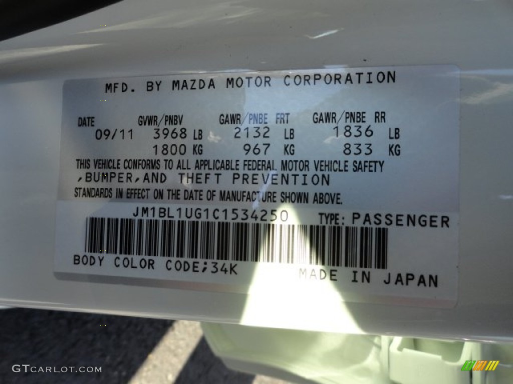 2012 MAZDA3 Color Code 34K for Crystal White Pearl Mica Photo #56200181