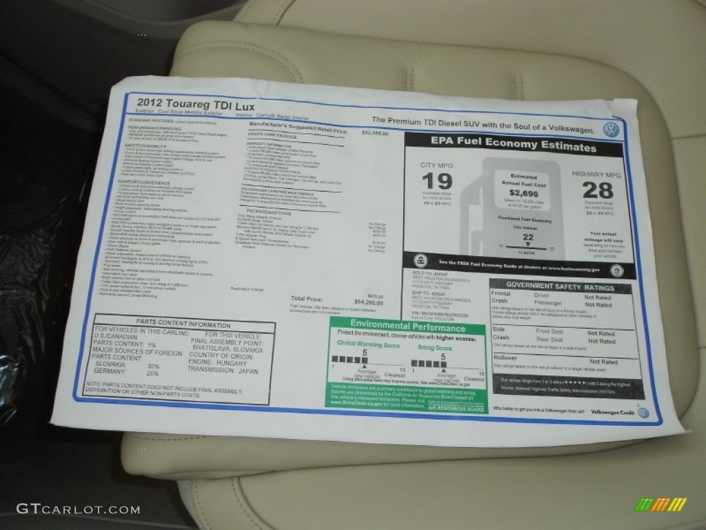 2012 Volkswagen Touareg TDI Lux 4XMotion Window Sticker Photo #56200385