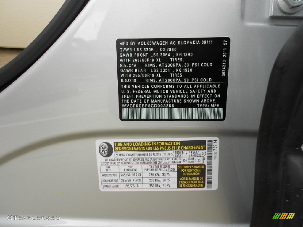 2012 Volkswagen Touareg TDI Lux 4XMotion Info Tag Photo #56200403