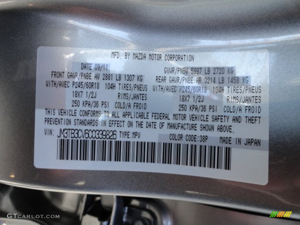 2012 CX-9 Color Code 38P for Liquid Silver Meatllic Photo #56200775