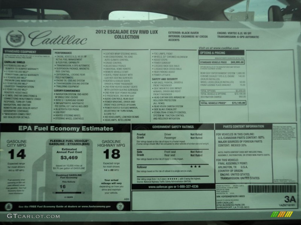 2012 Cadillac Escalade ESV Luxury Window Sticker Photo #56201438