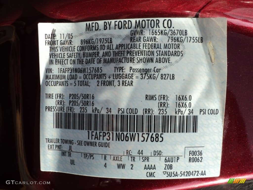 2006 Ford Focus ZX3 SES Hatchback Color Code Photos