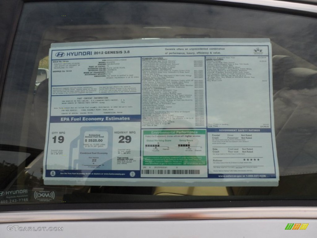 2012 Hyundai Genesis 3.8 Sedan Window Sticker Photo #56224010
