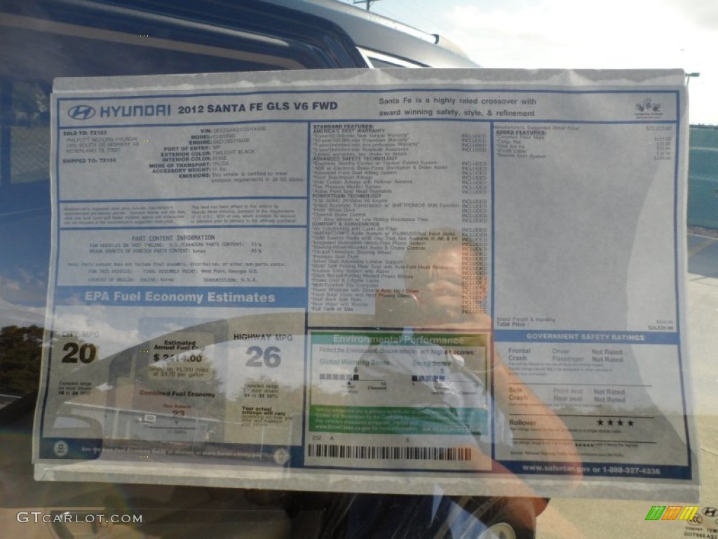 2012 Hyundai Santa Fe GLS V6 Window Sticker Photo #56224892