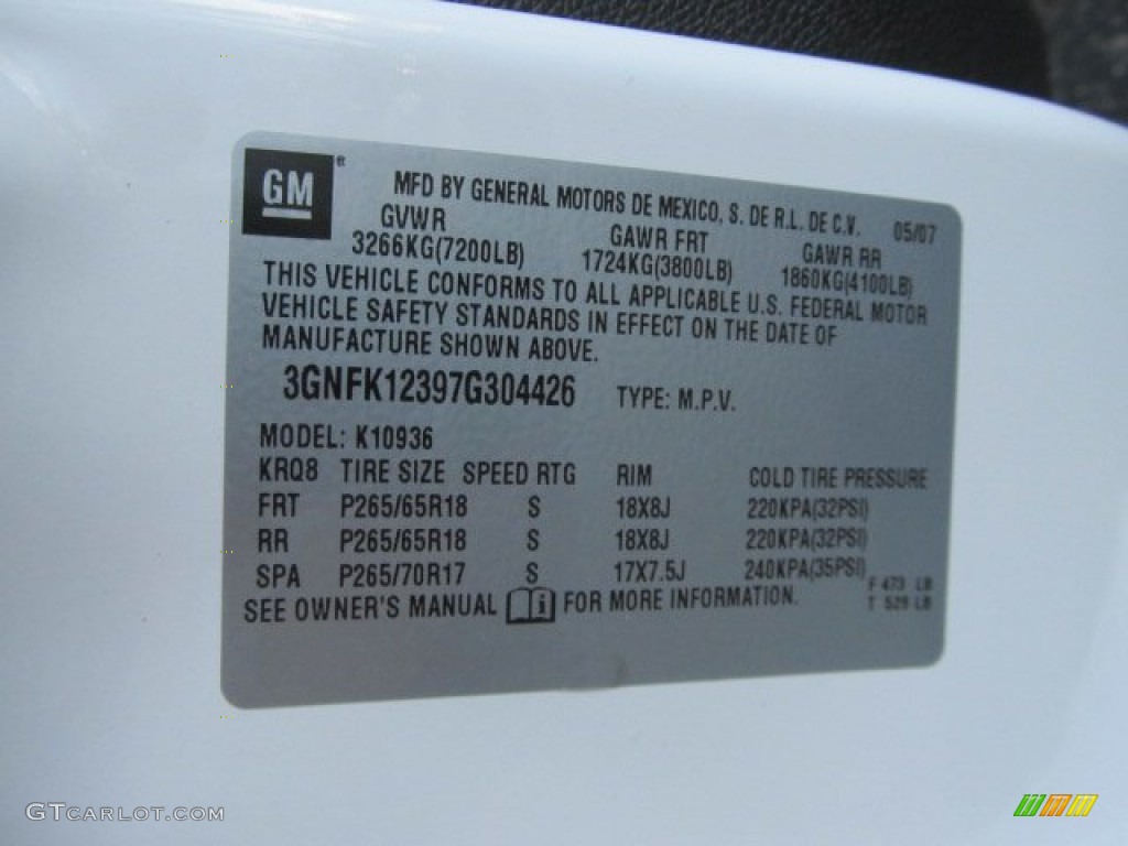 2007 Chevrolet Avalanche Z71 4WD Info Tag Photo #56235778
