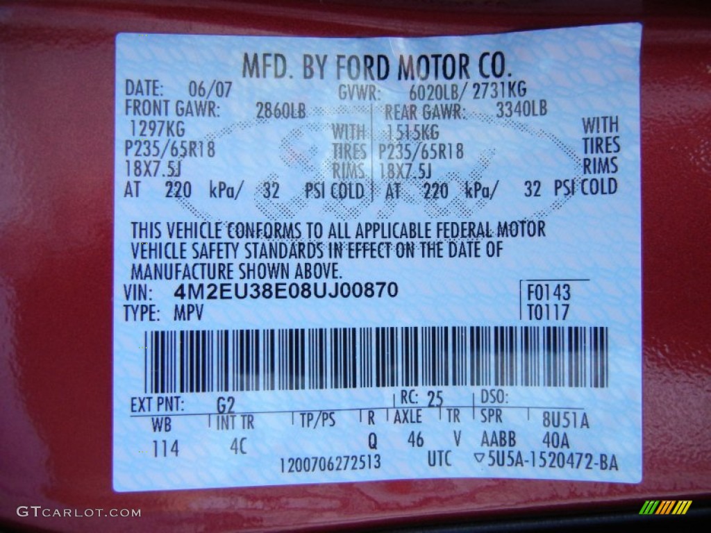 2008 Mountaineer Color Code G2 for Vivid Red Metallic Photo #56250285
