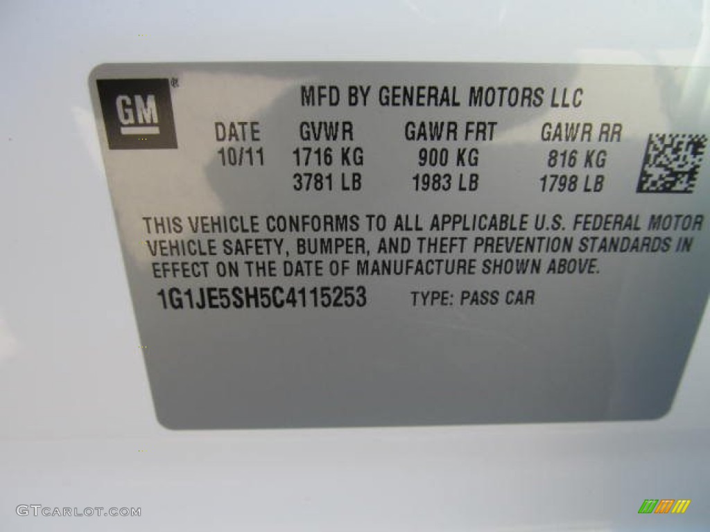 2012 Chevrolet Sonic LTZ Sedan Info Tag Photo #56252630