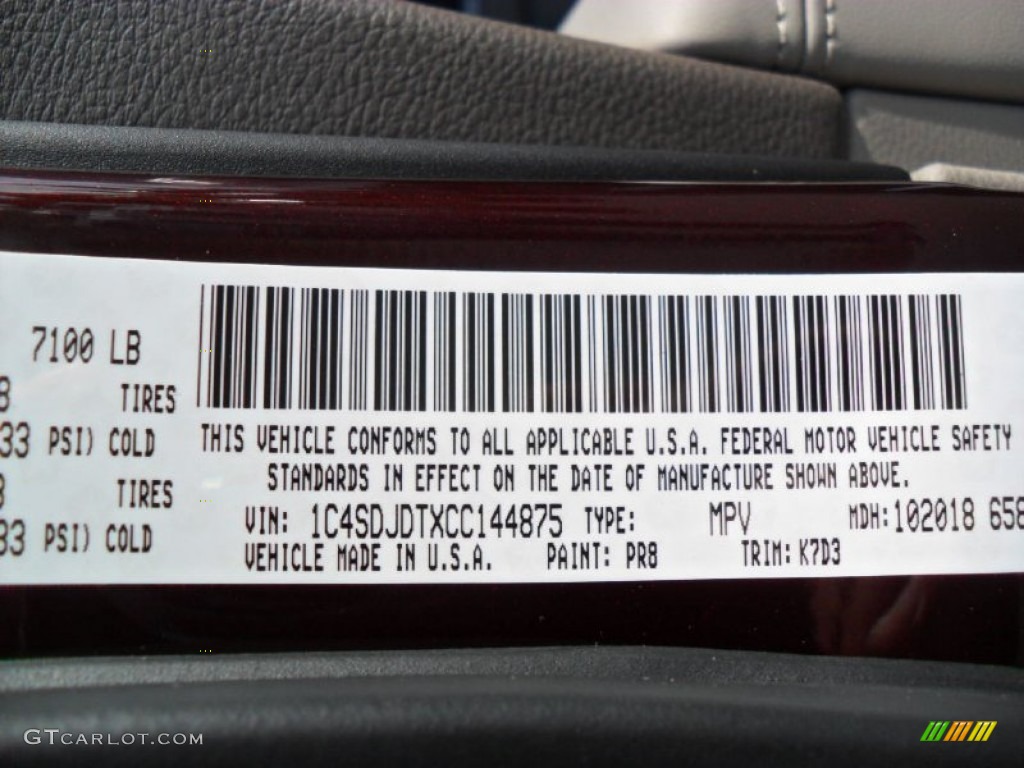 2012 Durango Color Code PR8 for Deep Molten Red Pearl Photo #56263400