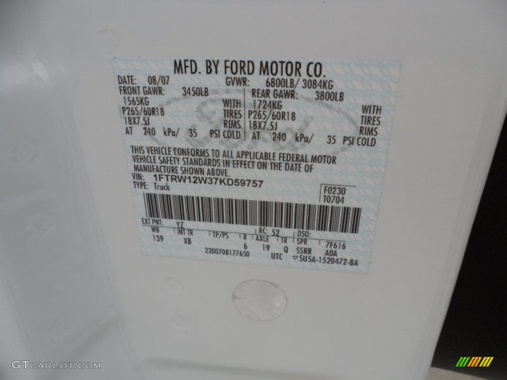 2007 F150 Color Code YZ for Oxford White Photo #56270987