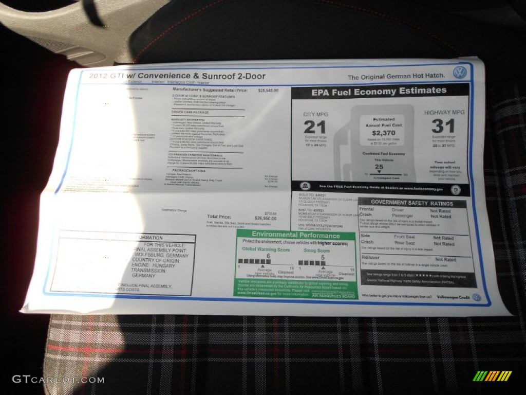 2012 Volkswagen GTI 2 Door Window Sticker Photo #56277210