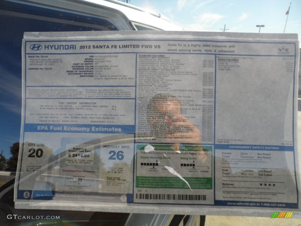 2012 Hyundai Santa Fe Limited V6 Window Sticker Photo #56283120