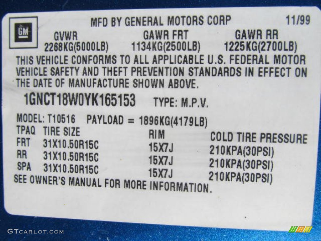 2000 Chevrolet Blazer ZR2 4x4 Info Tag Photo #56296140
