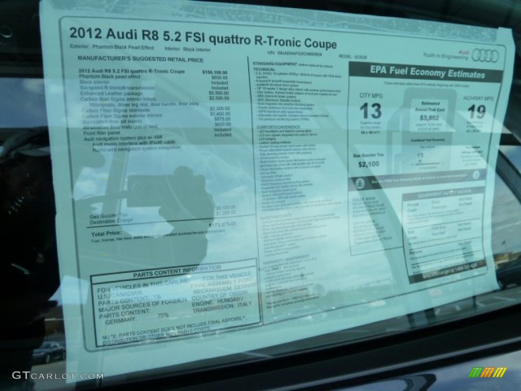 2012 Audi R8 5.2 FSI quattro Window Sticker Photo #56298072
