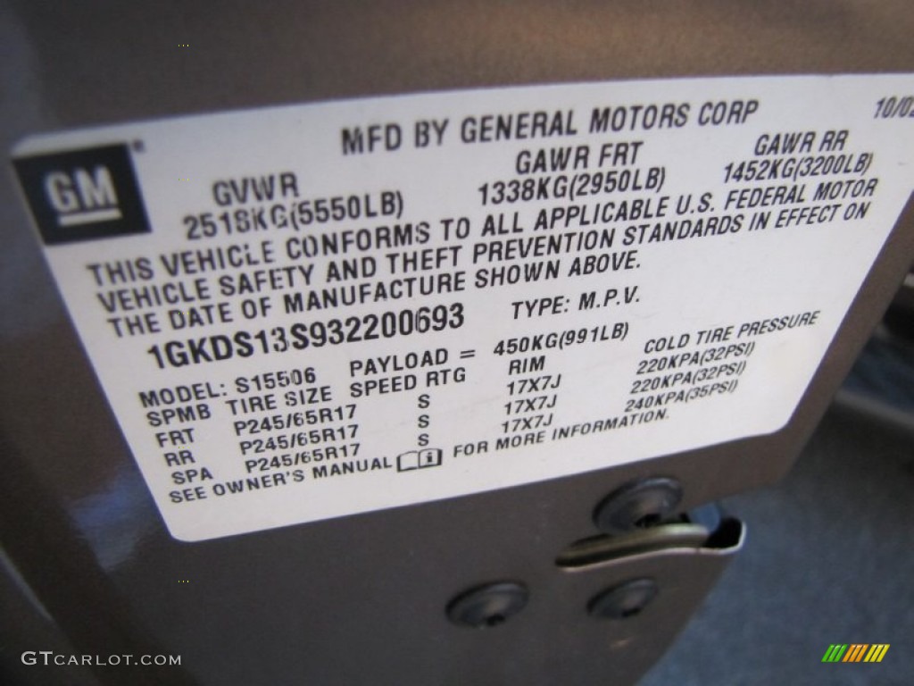 2003 GMC Envoy SLT Info Tag Photos