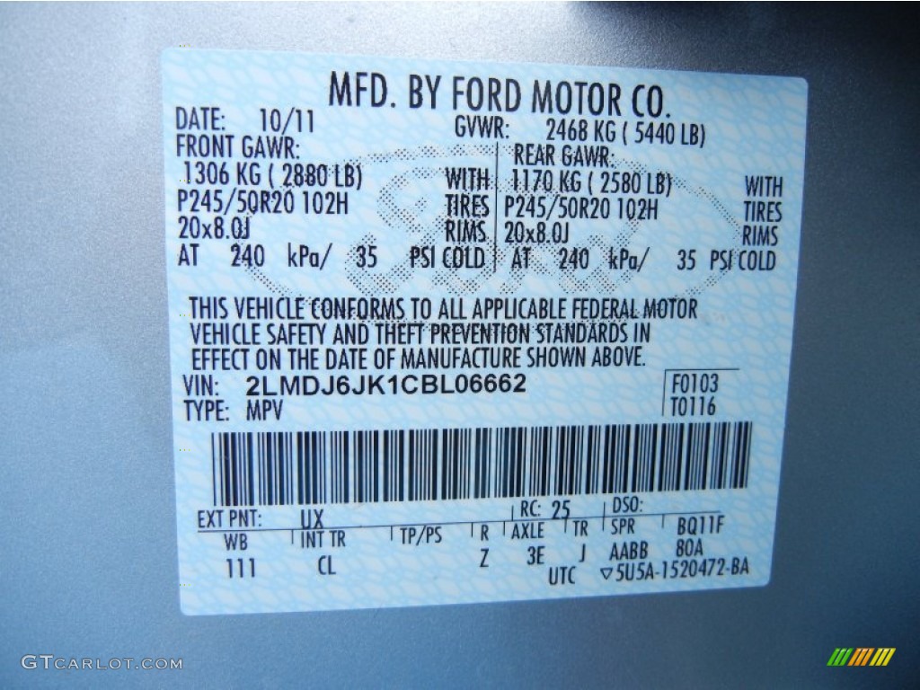 2012 MKX Color Code UX for Ingot Silver Metallic Photo #56309592