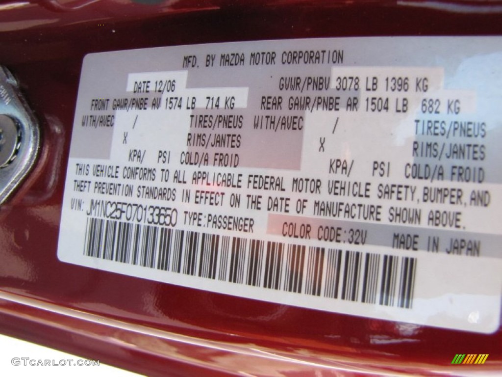 2007 MX-5 Miata Color Code 32V for Copper Red Mica Photo #56313861