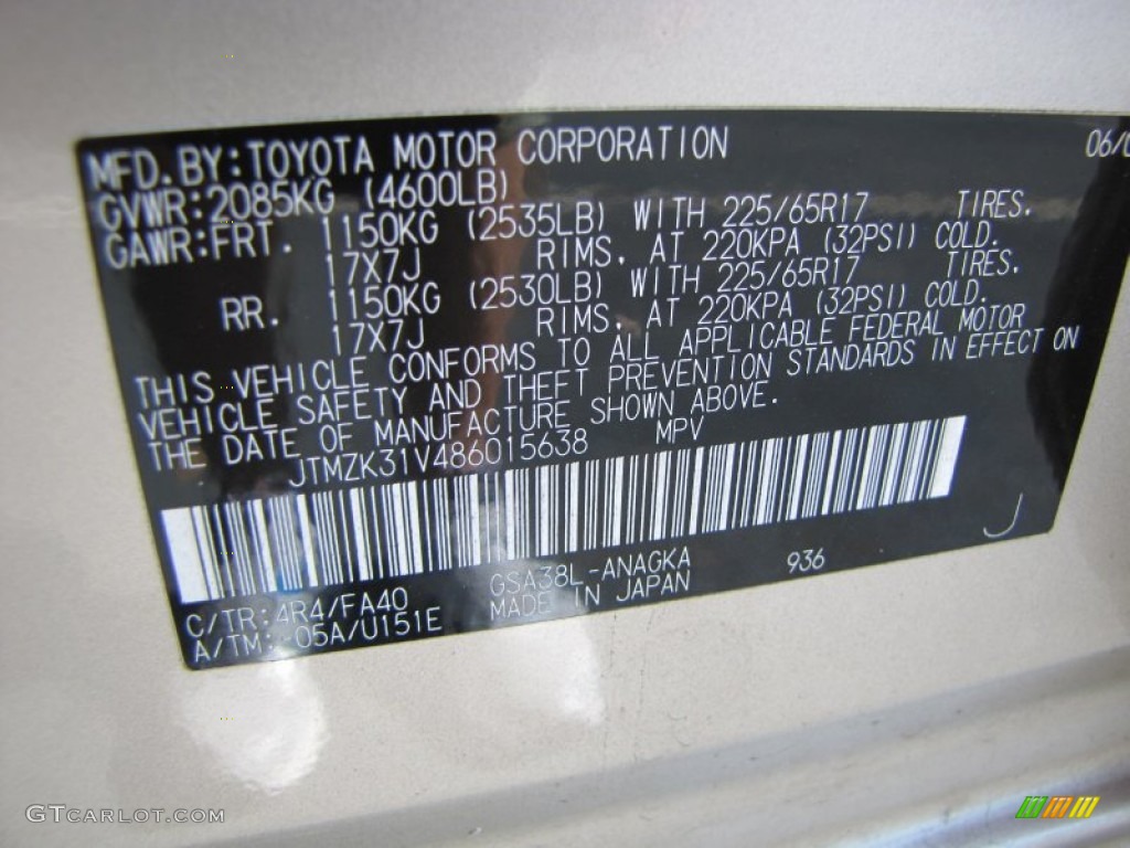 2008 Toyota RAV4 Limited V6 Color Code Photos