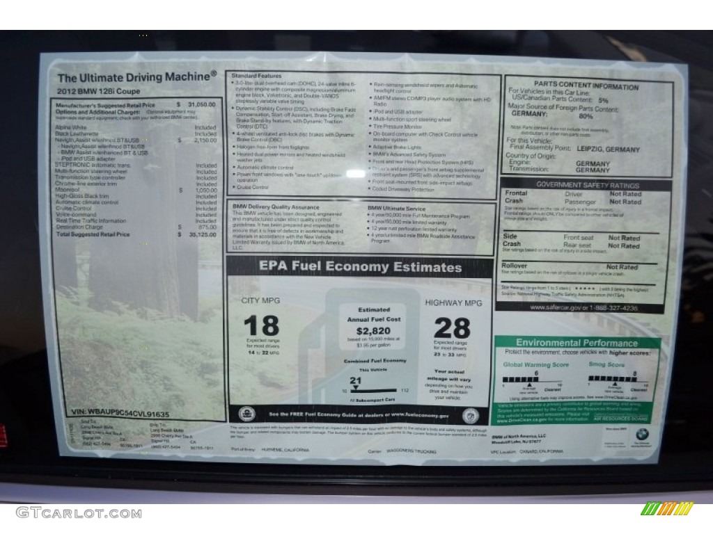 2012 BMW 1 Series 128i Coupe Window Sticker Photo #56342239