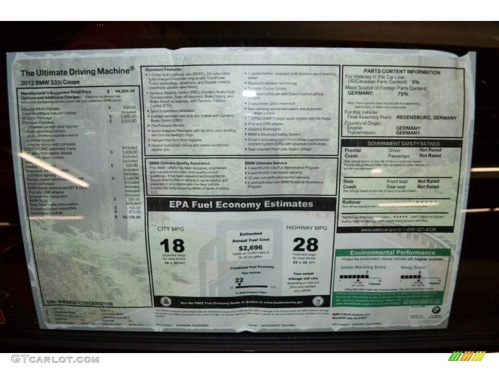 2012 BMW 3 Series 335i Coupe Window Sticker Photo #56342458
