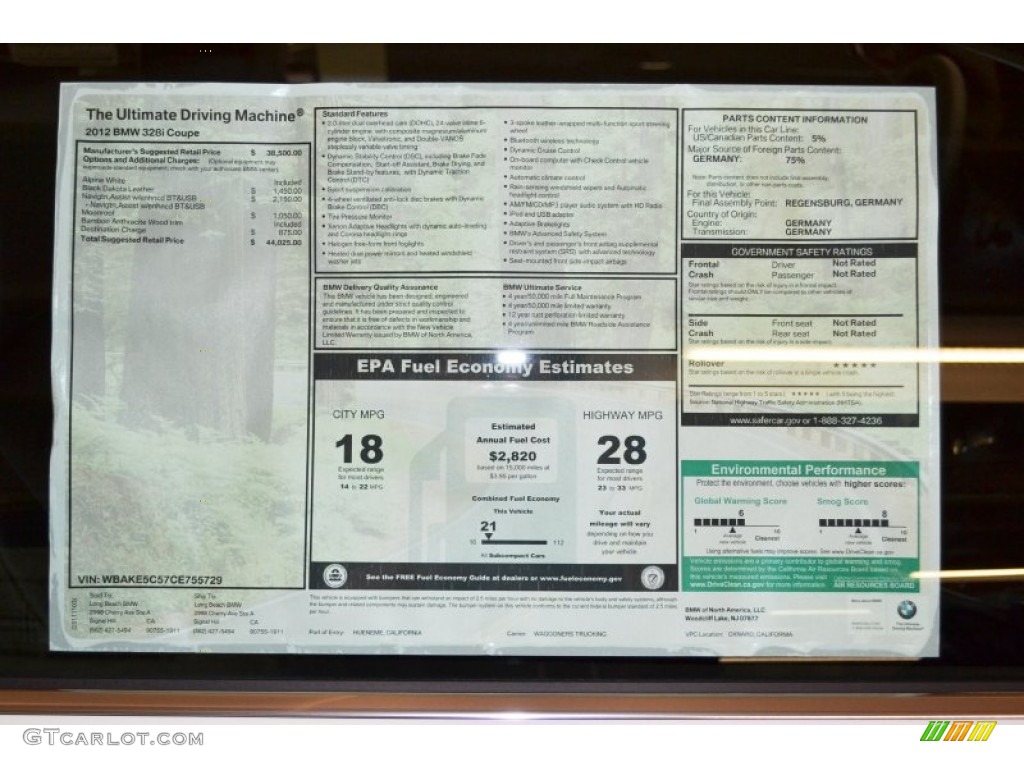 2012 BMW 3 Series 328i Coupe Window Sticker Photo #56342614