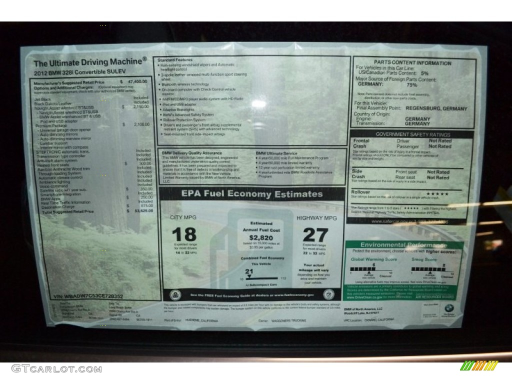 2012 BMW 3 Series 328i Convertible Window Sticker Photo #56342995