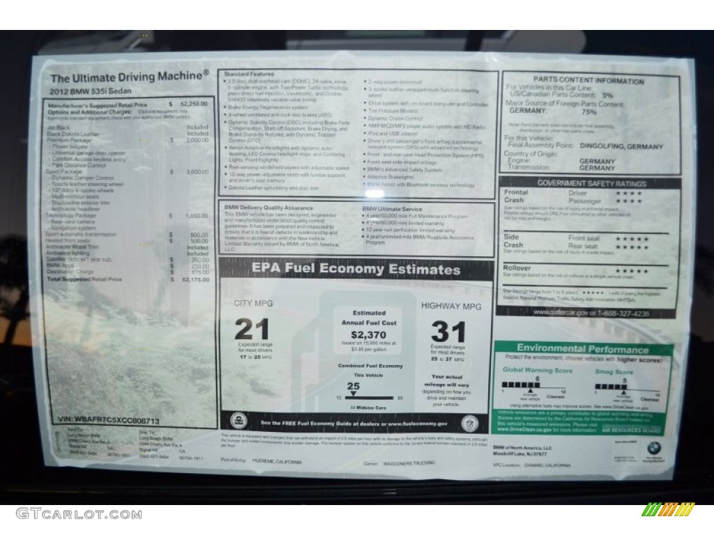 2012 BMW 5 Series 535i Sedan Window Sticker Photo #56343106