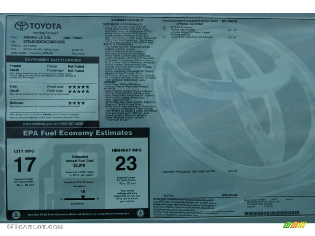 2012 Toyota Sienna LE AWD Window Sticker Photo #56344672