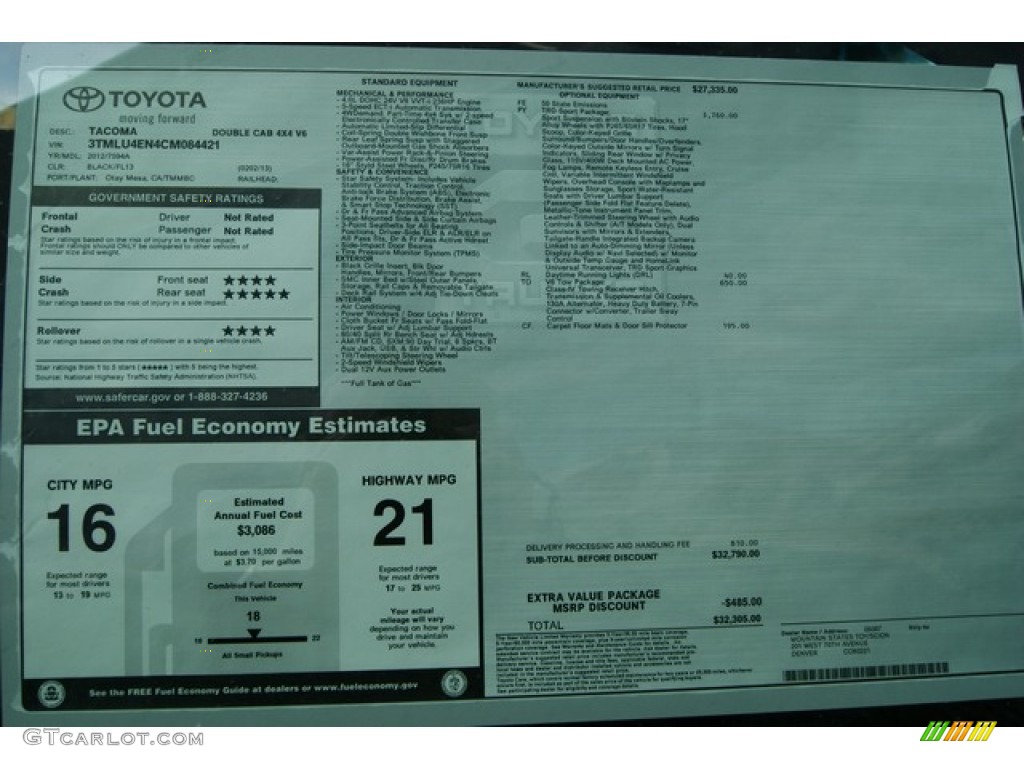 2012 Toyota Tacoma V6 TRD Sport Double Cab 4x4 Window Sticker Photo #56345008