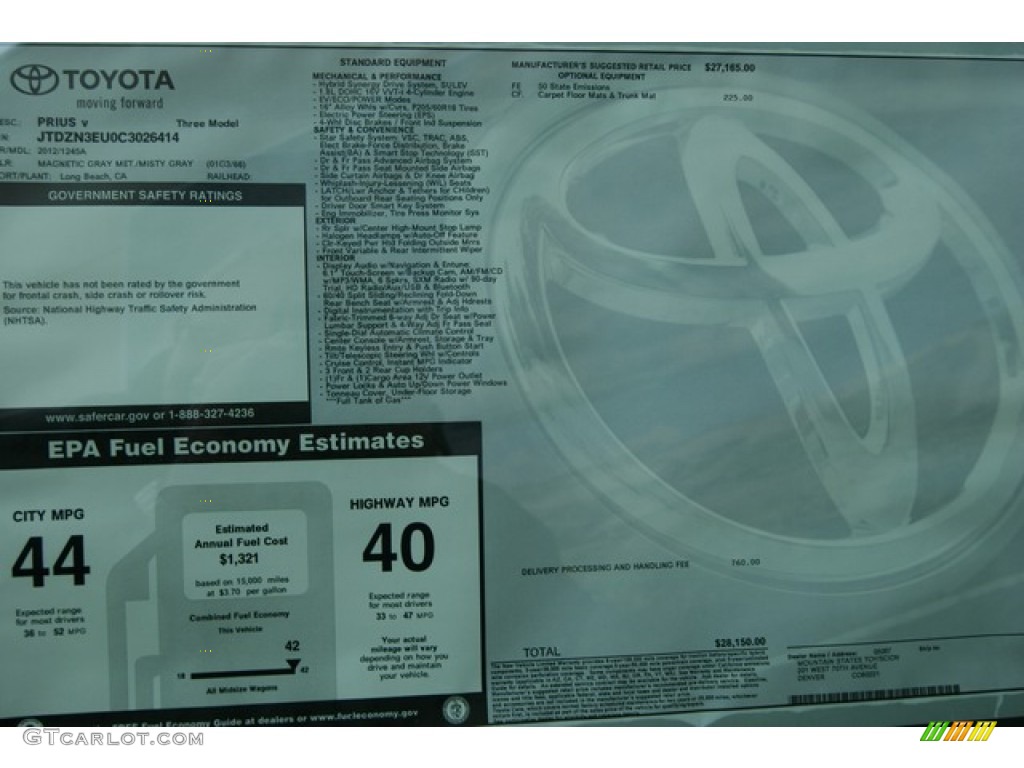 2012 Toyota Prius v Three Hybrid Window Sticker Photo #56345734