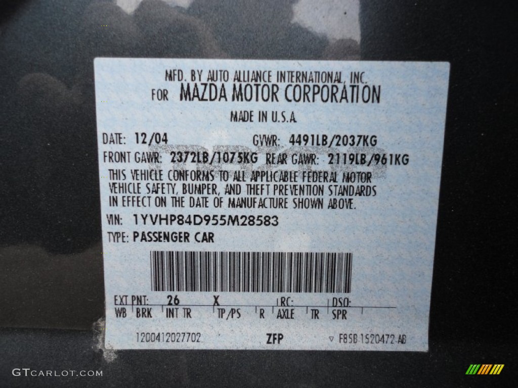 2005 MAZDA6 Color Code 26X for Steel Gray Metallic Photo #56349778