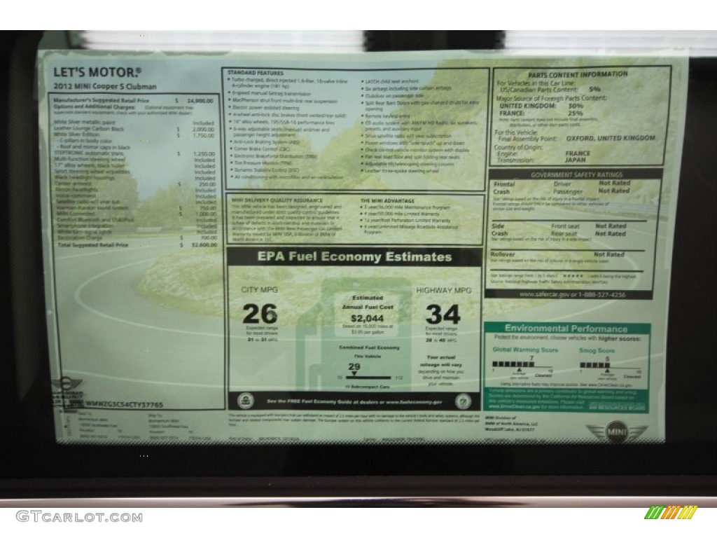 2012 Mini Cooper S Clubman Window Sticker Photo #56358385