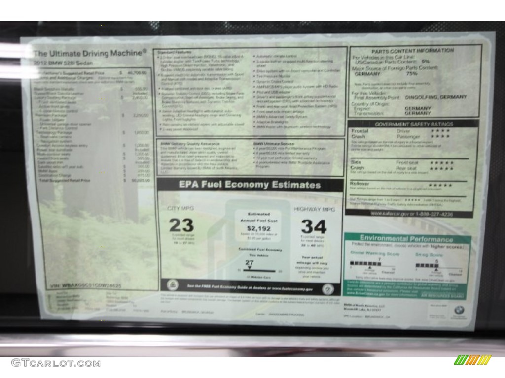 2012 BMW 5 Series 528i Sedan Window Sticker Photo #56359142